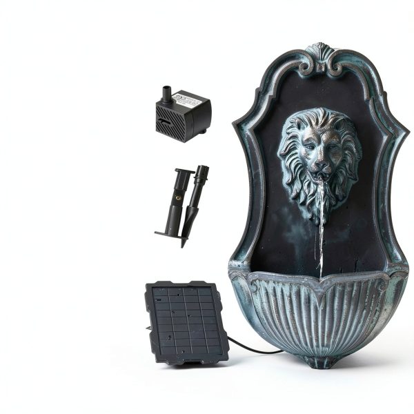 Solar Wall Fountain XBrand Gray Resin Lion Head-5