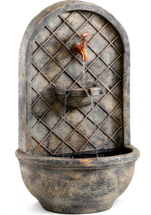 Sunnydaze Decor Wall-Mounted Outdoor Fountain French Limestone 14x8x26-0